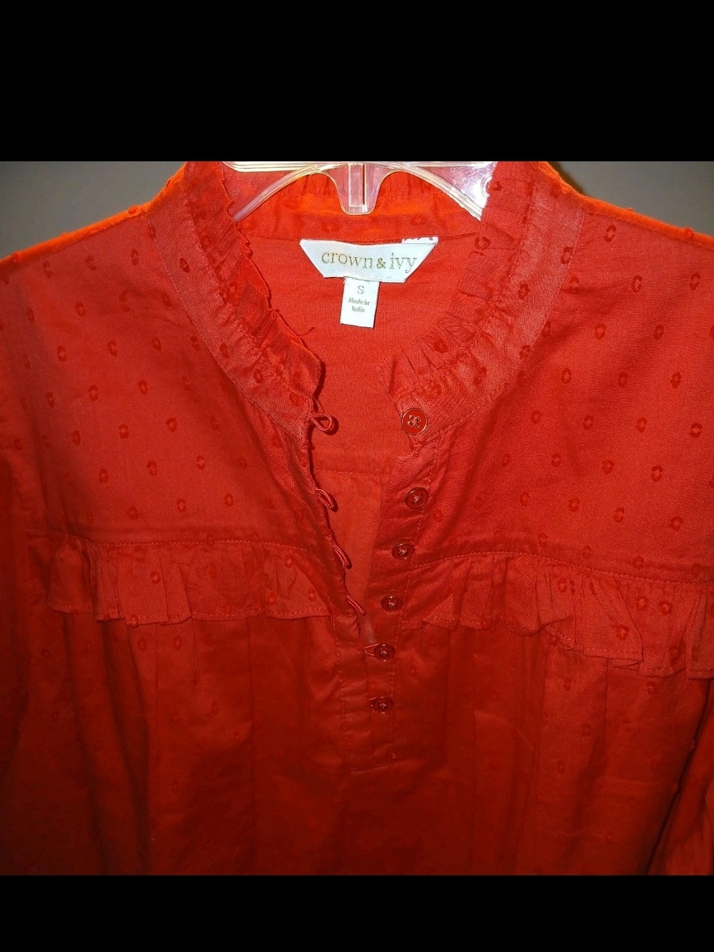 Crown & Ivy Red Ruffle-Front Top Button Blouse With Ruffle Neck And Sleeves - Picture 8 of 16